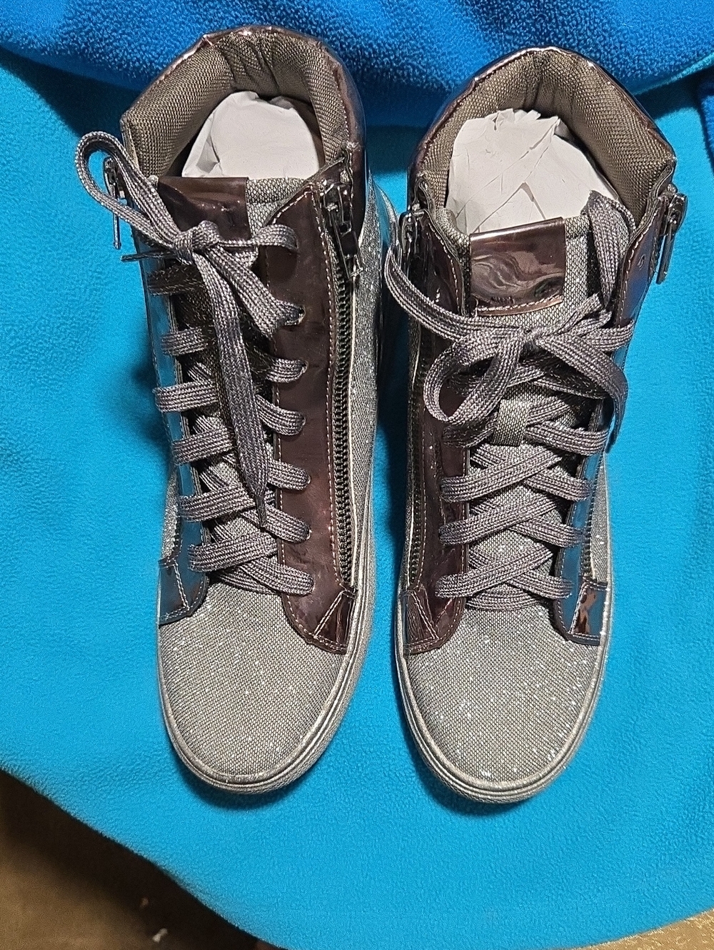 Lauren Lorraine Metallic Pewter High-Top Lace-Up Sneakers with Side Zip